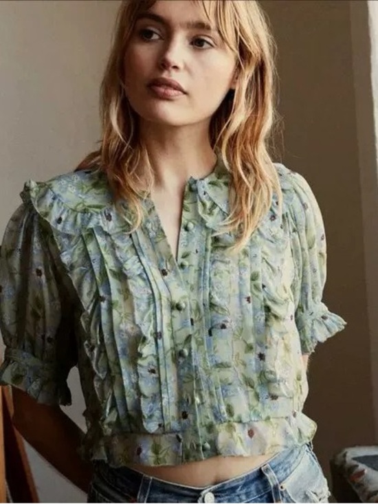 Doen Tops - Doen Selma Top in Green Strawberry Moon Floral, S